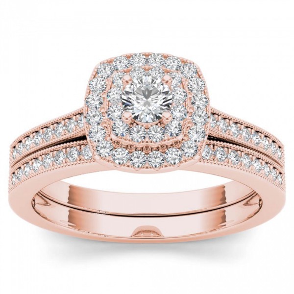 Rose Gold 1/2ct TDW Diamond Double Halo Bridal Ring Set - Handcrafted By Name My Rings™