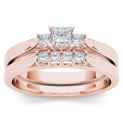 Rose Gold 1/2ct TDW Diamond Three-Stone Engagement Ring Set with One Band - Handcrafted By Name My Rings™