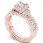 Rose Gold 1ct TDW Diamond Criss-Cross Halo Engagement Ring Set with One Band - Handcrafted By Name My Rings™