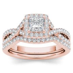 Rose Gold 1ct TDW Diamond Criss-Cross Halo Engagement Ring Set with One Band - Handcrafted By Name My Rings™