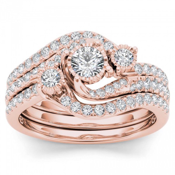 Rose Gold 3/4ct TDW Diamond Solitaire Bridal Ring Set - Handcrafted By Name My Rings™