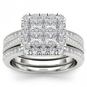 White Gold 1 1/2ct TDW Diamond Halo Bridal Set - Handcrafted By Name My Rings™