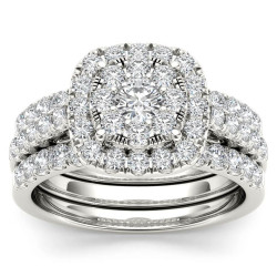 White Gold 1 1/2ct TDW Diamond Halo Engagement Ring Set with Two Bands - Handcrafted By Name My Rings™