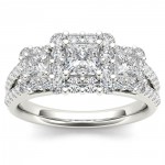 White Gold 1 1/2ct TDW Diamond Three-Stone Halo Engagement Ring - Handcrafted By Name My Rings™