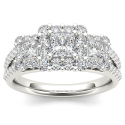 White Gold 1 1/2ct TDW Diamond Three-Stone Halo Engagement Ring - Handcrafted By Name My Rings™