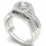 White Gold 1 1/4ct TDW Diamond Halo Engagement Ring Set with One Band - Handcrafted By Name My Rings™