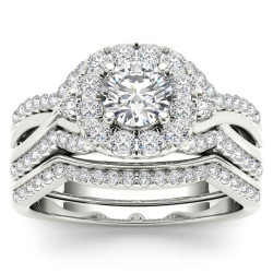 White Gold 1 1/4ct TDW Diamond Halo Engagement Ring Set with One Band - Handcrafted By Name My Rings™