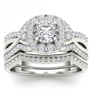 White Gold 1 1/4ct TDW Diamond Halo Engagement Ring Set with One Band - Handcrafted By Name My Rings™