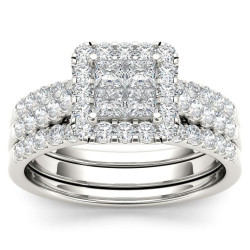 White Gold 1 1/4ct TDW Diamond Halo Engagement Ring Set with Two Bands - Handcrafted By Name My Rings™