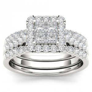 White Gold 1 1/4ct TDW Diamond Halo Engagement Ring Set with Two Bands - Handcrafted By Name My Rings™