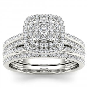 White Gold 1/2ct TDW Diamond Cluster Halo Bridal Set - Handcrafted By Name My Rings™