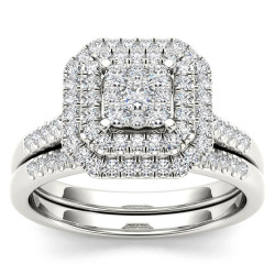 White Gold 1/2ct TDW Diamond Cluster Halo Bridal Set - Handcrafted By Name My Rings™