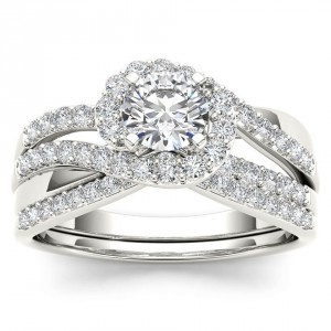 White Gold 1ct TDW Diamond Bypass Halo Engagement Ring Set with One Band - Handcrafted By Name My Rings™