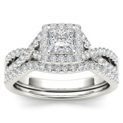 White Gold 1ct TDW Diamond Criss-Cross Halo Engagement Ring Set with One Band - Handcrafted By Name My Rings™