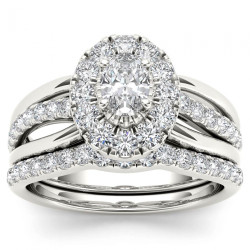 White Gold 1ct TDW Oval Shape Diamond Halo Bridal Set - Handcrafted By Name My Rings™