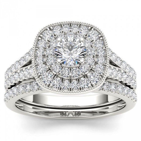 White Gold 3/4ct TDW Diamond Double Halo Bridal Ring Set - Handcrafted By Name My Rings™