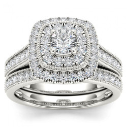 White Gold 3/4ct TDW Diamond Double Halo Bridal Ring Set - Handcrafted By Name My Rings™