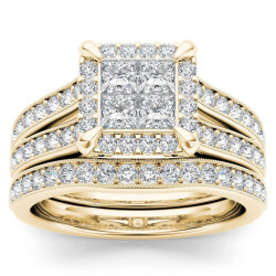 Gold 1 1/2ct TDW Diamond Halo Engagement Ring Set with One Band - Handcrafted By Name My Rings™