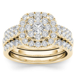 Gold 1 1/2ct TDW Diamond Halo Engagement Ring Set with Two Bands - Handcrafted By Name My Rings™