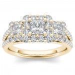 Gold 1 1/2ct TDW Diamond Three-Stone Halo Engagement Ring - Handcrafted By Name My Rings™