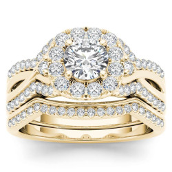 Gold 1 1/4ct TDW Diamond Halo Engagement Ring Set with One Band - Handcrafted By Name My Rings™
