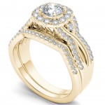 Gold 1 1/4ct TDW Diamond Halo Engagement Ring Set with One Band - Handcrafted By Name My Rings™