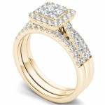 Gold 1 1/4ct TDW Diamond Halo Engagement Ring Set with Two Bands - Handcrafted By Name My Rings™
