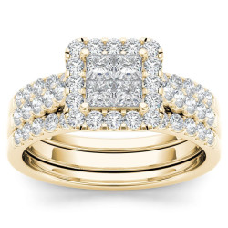 Gold 1 1/4ct TDW Diamond Halo Engagement Ring Set with Two Bands - Handcrafted By Name My Rings™