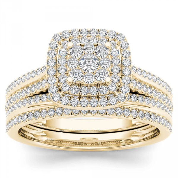 Gold 1/2ct TDW Diamond Cluster Halo Bridal Set - Handcrafted By Name My Rings™