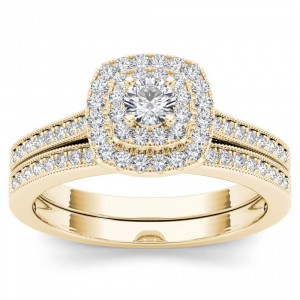 Gold 1/2ct TDW Diamond Double Halo Bridal Ring Set - Handcrafted By Name My Rings™