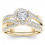 Gold 1ct TDW Diamond Bypass Halo Engagement Ring Set with One Band - Handcrafted By Name My Rings™
