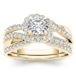Gold 1ct TDW Diamond Bypass Halo Engagement Ring Set with One Band - Handcrafted By Name My Rings™