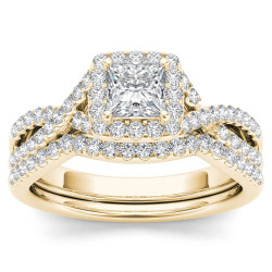 Gold 1ct TDW Diamond Criss-Cross Halo Engagement Ring Set with One Band - Handcrafted By Name My Rings™