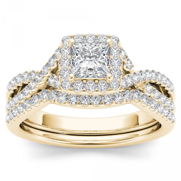 Gold 1ct TDW Diamond Criss-Cross Halo Engagement Ring Set with One Band - Handcrafted By Name My Rings™