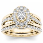 Gold 1ct TDW Oval Shape Diamond Halo Bridal Set - Handcrafted By Name My Rings™