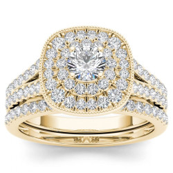 Gold 3/4ct TDW Diamond Double Halo Bridal Ring Set - Handcrafted By Name My Rings™