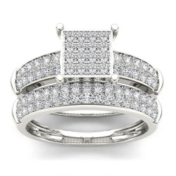 S925 Sterling Silver 3/4 ct TDW Diamond Cluster Engagement Ring Set - Handcrafted By Name My Rings™