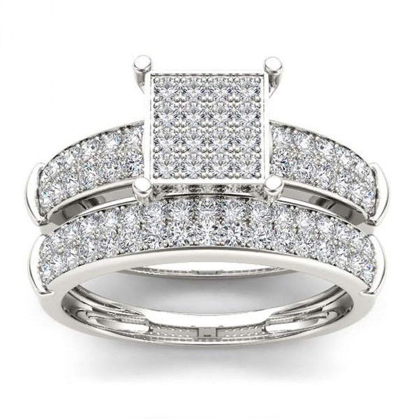S925 Sterling Silver 3/4 ct TDW Diamond Cluster Engagement Ring Set - Handcrafted By Name My Rings™