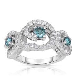 White Gold 1 3/4ct TDW Blue 3-Stone Halo Diamond Engagement Ring - Handcrafted By Name My Rings™