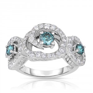 White Gold 1 3/4ct TDW Blue 3-Stone Halo Diamond Engagement Ring - Handcrafted By Name My Rings™