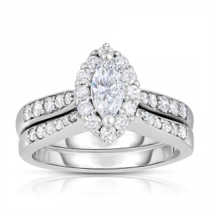White Gold 1ct TDW Marquise-cut Halo Bridal Set - Handcrafted By Name My Rings™