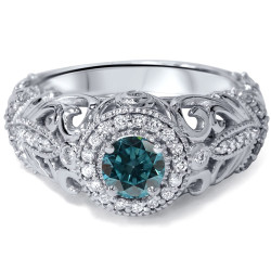 Engagement White Gold 3/4ct TDW Blue and White Diamond Vintage Halo Ring - Handcrafted By Name My Rings™