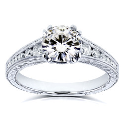 Kobelli White Gold 1 1/4ct TCW Forever One Near Colorless Moissanite with Diamond Milgrain Channel Band Ring - Handcrafted By Name My Rings™