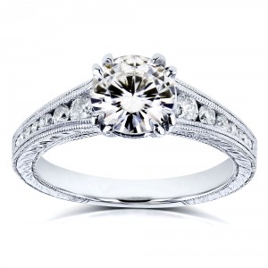 Kobelli White Gold 1 1/4ct TCW Forever One Near Colorless Moissanite with Diamond Milgrain Channel Band Ring - Handcrafted By Name My Rings™