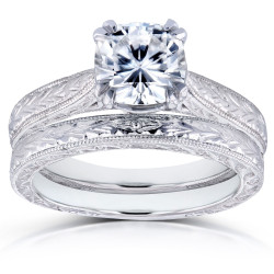 Kobelli White Gold 1 3/4ct Cushion Brilliant Moissanite and Diamond Accent Antique Cathedral Bridal Rings Set - Handcrafted By Name My Rings™