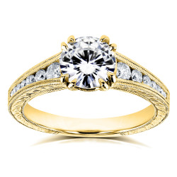 Kobelli Gold 1 1/4ct TCW Forever One Colorless Moissanite with Diamond Milgrain Channel Band Engagement Ring - Handcrafted By Name My Rings™