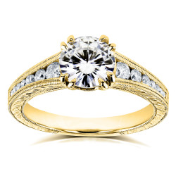 Kobelli Gold 1 1/4ct TCW Forever One Near Colorless Moissanite with Diamond Milgrain Channel Band Ring - Handcrafted By Name My Rings™