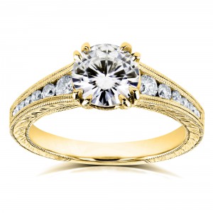 Kobelli Gold 1 1/4ct TCW Near Colorless Moissanite with Diamond Milgrain Channel Band Engagement Ring - Handcrafted By Name My Rings™