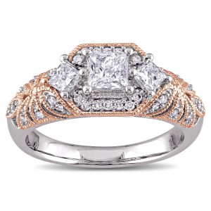2-Tone White and Rose Gold 1ct TDW Diamond Princess and Round-cut Vintage Engagement Ring - Handcrafted By Name My Rings™