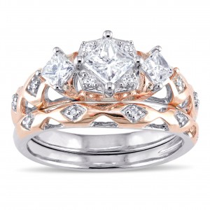 2-tone Rose and White Gold 1ct TDW Princess and Round-cut Patterned Bridal Ring Set - Handcrafted By Name My Rings™